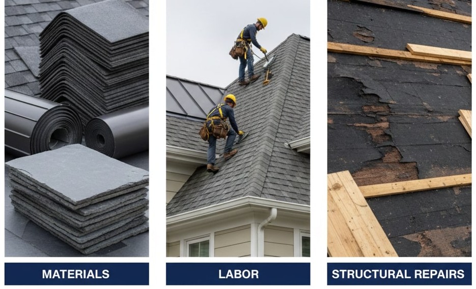 A three-panel infographic from ROOFINGCONTRACTOR-HYDEPARKNY.COM titled "What is the Most Expensive Part of a New Roof?". The first panel shows a close-up of "Roofing Materials" including high-end shingles and underlayment. The second panel shows "Labor Costs" with a professional crew working on a steep, complex roofline. The third panel shows "Structural Repairs" featuring a roofer replacing rotted plywood decking.