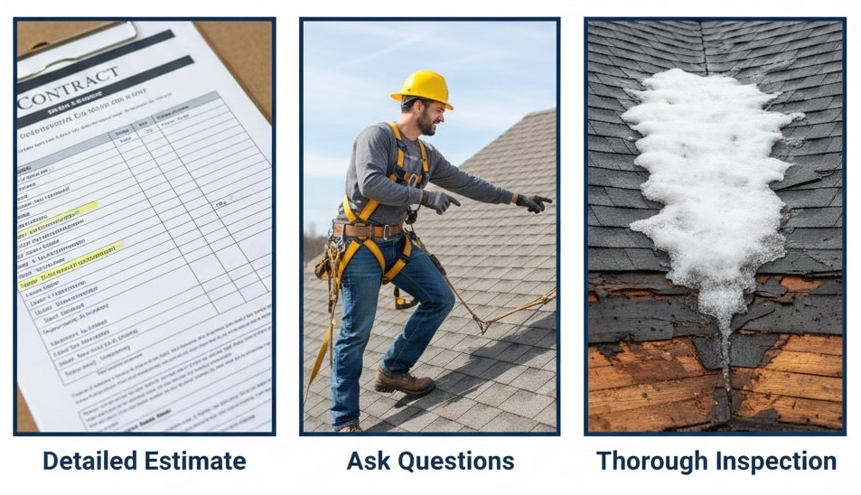 A three-panel infographic titled "How to Get an Accurate Estimate for Roof Replacement in Hyde Park, NY" from roofingcontractor-hydeparkny.com. The panels are labeled: 1) "Detailed Estimate," showing a close-up of a professional, itemized contract with highlighted sections; 2) "Ask Questions," showing a roofer in a yellow hard hat and safety harness pointing to a roof section while talking to a homeowner; 3) "Thorough Inspection," showing a close-up of a damaged roof valley with snow and exposed rotted wood decking.