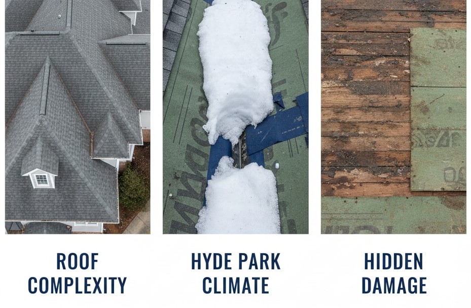 A three-panel infographic titled "Why Roof Costs Vary So Much" from ROOFINGCONTRACTOR-HYDEPARKNY.COM. The first panel, "Roof Complexity," shows an aerial view of a steep, multi-gabled gray shingle roof. The second panel, "Hyde Park Climate," shows a roof valley covered in heavy snow and ice over green underlayment. The third panel, "Hidden Damage," shows a close-up of rotted, water-damaged wooden roof decking.