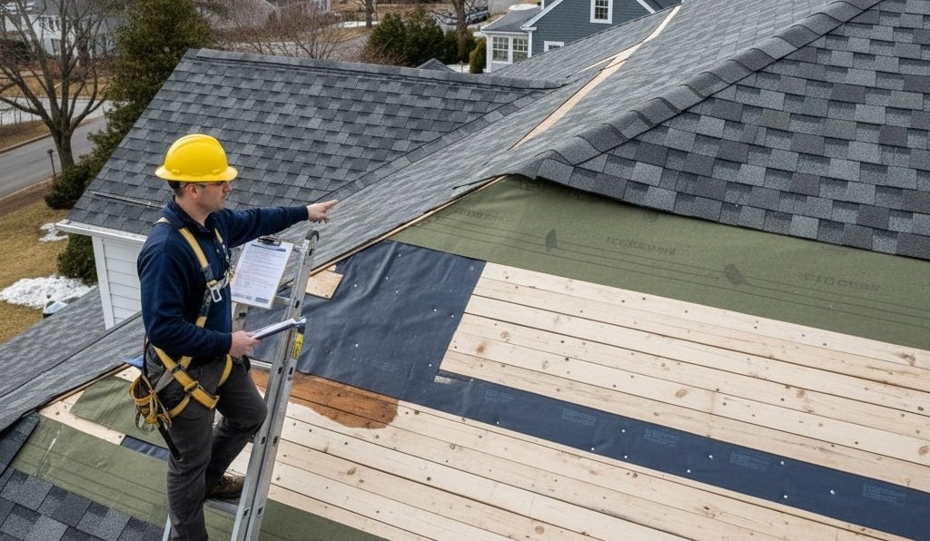 A professional roofer in a navy blue shirt and yellow hard hat standing on a silver extension ladder. He is wearing a full safety harness and holds a clipboard with a detailed estimate form while pointing toward a damaged section of a gray shingle roof. The roof is partially torn off, revealing wooden decking and green underlayment. In the background, a scenic Hudson Valley landscape with a river and residential houses is visible under a cloudy sky.