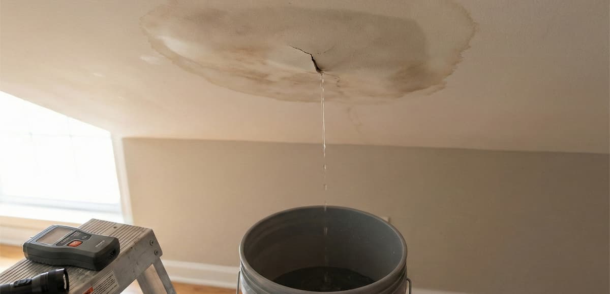 Ceiling water stain and crack dripping into a bucket on the floor, illustrating an urgent need for roof contractors near me.