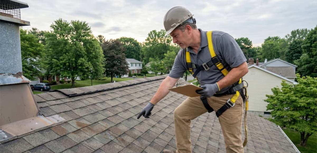 Roof inspector in a safety harness pointing at worn, discolored shingles on a residential roof with a clipboard — roof contractors near me.