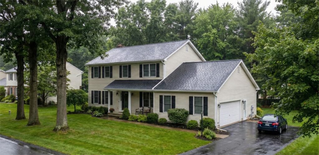 Two-story suburban home with a recently shingled roof, attached garage, wet driveway with parked car, and mature trees framing the lawn — ideal example for roof contractors near me.