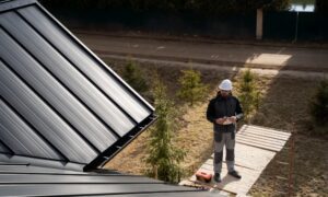 A home inspector holding documents. Nearby, a metal roof and small trees are visible, conveying inspection work.