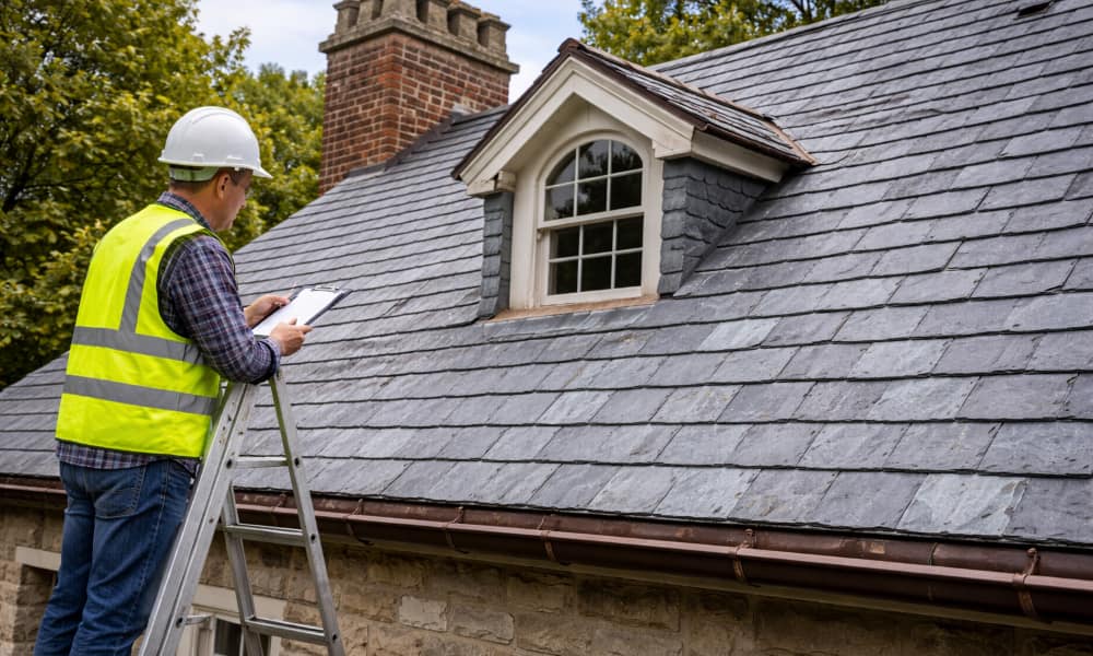 A home inspector in a yellow vest and hard hat inspects a slate-tiled roof with a dormer window, holding a clipboard on a ladder amid greenery.