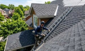 A worker in safety gear climbs a ladder on a steep roof with dark shingles.