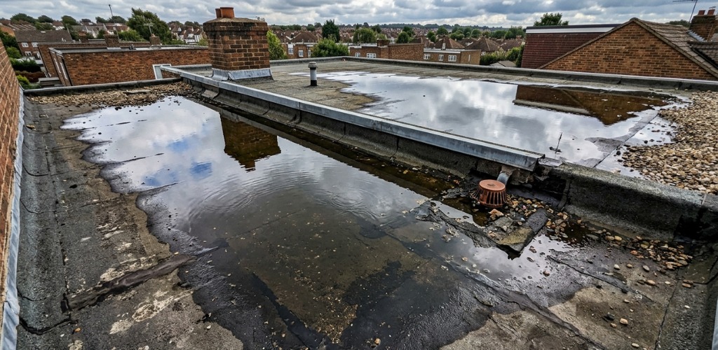 worn flat roof with large puddles of standing water