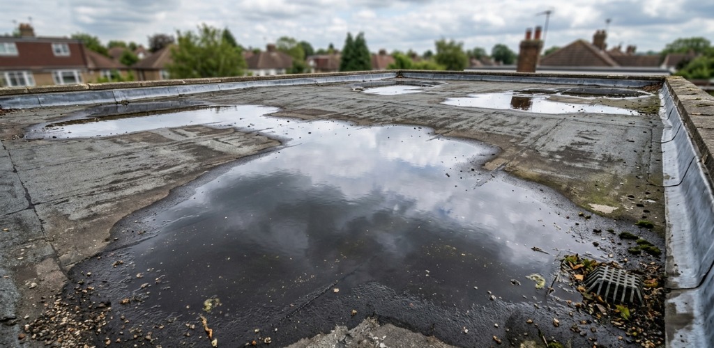 puddles of standing water collecting on an aging flat asphalt roof