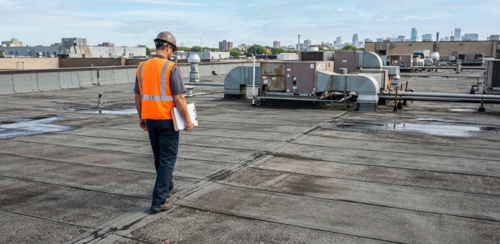 An inspector in an orange vest walking across a commercial roof
