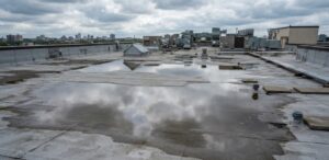 Large puddles of standing water on a flat commercial roof