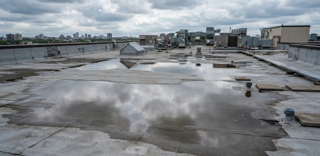 Large puddles of standing water on a flat commercial roof
