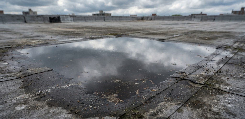 Standing water puddle on a flat commercial roof