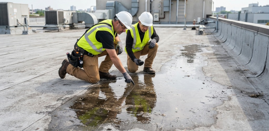 Two workers inspecting a puddle on a commercial rooftop