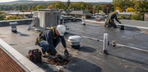 maintenance crew servicing the flat roof